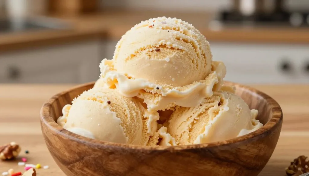 A close-up of grainy ice cream served in a rustic, wooden bowl, showcasing its unique texture and character. The ice cream has visible grains of salt and tiny ice crystals, hinting at its artisanal quality. Surrounding the bowl, a scattering of colorful sprinkles and chopped nuts adds to the presentation. Soft, warm ambient lighting enhances the creamy colors of the ice cream, creating a cozy and inviting atmosphere. The background features a blurred kitchen setting with warm wooden countertops and soft-focus kitchen utensils, evoking a homey, homemade feel. The image captures the tactile nature of the treat, inviting viewers to indulge in this delightful experience. A close-up of grainy ice cream served in a rustic, wooden bowl, showcasing its unique texture and character. The ice cream has visible grains of salt and tiny ice crystals, hinting at its artisanal quality. Surrounding the bowl, a scattering of colorful sprinkles and chopped nuts adds to the presentation. Soft, warm ambient lighting enhances the creamy colors of the ice cream, creating a cozy and inviting atmosphere. The background features a blurred kitchen setting with warm wooden countertops and soft-focus kitchen utensils, evoking a homey, homemade feel. The image captures the tactile nature of the treat, inviting viewers to indulge in this delightful experience.