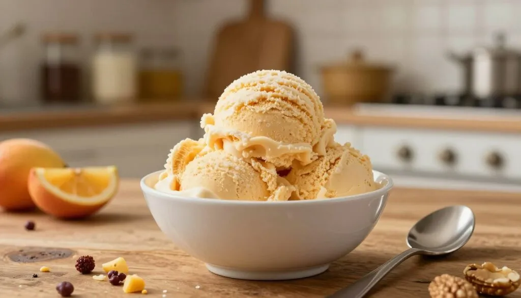 A close-up view of a bowl of grainy ice cream sitting on a rustic wooden table, with a spoon resting beside it. The ice cream has a distinct texture, showing small ice crystals to highlight the graininess. Surrounding the bowl are fresh ingredients like crushed fruits and nuts, emphasizing the unique flavors used in the recipe. In the background, a softly lit kitchen with warm tones creates a cozy atmosphere, featuring blurred shelves stocked with jars and cookware. The lighting is soft and warm, evoking a sense of comfort and indulgence. The scene is captured with a shallow depth of field, focusing on the ice cream while gently blurring the background, providing a vibrant yet inviting mood. A close-up view of a bowl of grainy ice cream sitting on a rustic wooden table, with a spoon resting beside it. The ice cream has a distinct texture, showing small ice crystals to highlight the graininess. Surrounding the bowl are fresh ingredients like crushed fruits and nuts, emphasizing the unique flavors used in the recipe. In the background, a softly lit kitchen with warm tones creates a cozy atmosphere, featuring blurred shelves stocked with jars and cookware. The lighting is soft and warm, evoking a sense of comfort and indulgence. The scene is captured with a shallow depth of field, focusing on the ice cream while gently blurring the background, providing a vibrant yet inviting mood.