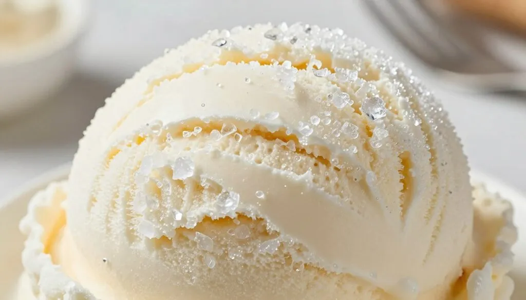 A close-up view of an ice cream scoop exhibiting various textures of ice crystals, capturing the contrast between a smooth creamy center and grainy, icy edges. In the foreground, focus on the intricate details of the ice crystals, highlighting their sharp, glistening facets under soft, diffused lighting. In the middle ground, showcase the rich, creamy texture of the ice cream, inviting a sense of indulgence. The background can hint at a well-lit kitchen setting with kitchen utensils and ingredients subtly blurred, creating context yet not distracting from the main subject. The mood is scientific yet approachable, evoking curiosity about the different textures, with a focus on clarity and detail to emphasize the unique characteristics of the ice cream. A close-up view of an ice cream scoop exhibiting various textures of ice crystals, capturing the contrast between a smooth creamy center and grainy, icy edges. In the foreground, focus on the intricate details of the ice crystals, highlighting their sharp, glistening facets under soft, diffused lighting. In the middle ground, showcase the rich, creamy texture of the ice cream, inviting a sense of indulgence. The background can hint at a well-lit kitchen setting with kitchen utensils and ingredients subtly blurred, creating context yet not distracting from the main subject. The mood is scientific yet approachable, evoking curiosity about the different textures, with a focus on clarity and detail to emphasize the unique characteristics of the ice cream.