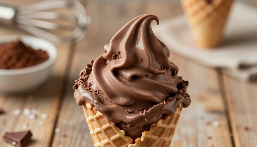 A close-up view of rich, creamy chocolate ice cream in a waffle cone, showcasing its smooth and velvety texture. The ice cream should appear slightly melted, with enticing swirls and a glossy finish that reflects soft, natural lighting. In the foreground, include a few chocolate shavings and a sprinkle of sea salt to enhance texture. The middle ground features a softly blurred background of a rustic wooden table and warm, inviting kitchen elements, such as a bowl of cocoa powder and a whisk. The atmosphere is cozy and appetizing, evoking a sense of indulgence and comfort, with a shallow depth of field emphasizing the ice cream's luxurious appeal.