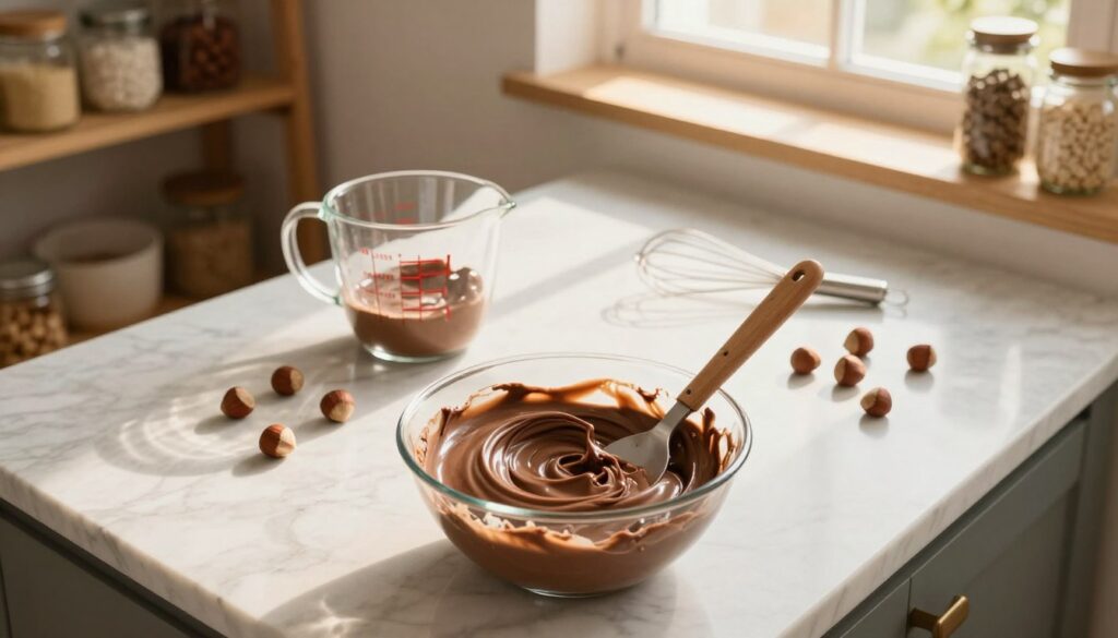 A cozy kitchen scene centered around a marble countertop filled with ingredients for creamy Nutella ice cream. In the foreground, a mixing bowl contains a rich, velvety blend of Nutella, cream, and sugar, with a spatula resting beside it. Visible in the middle ground are a measuring cup, a whisk, and fresh hazelnuts scattered artfully. The background features a softly lit kitchen with wooden shelves lined with jars and a window allowing warm, afternoon sunlight to filter in, casting gentle shadows. The mood is inviting and inspiring, perfect for home cooking. The camera angle is slightly top-down, capturing a bird's eye view to emphasize the step-by-step process.