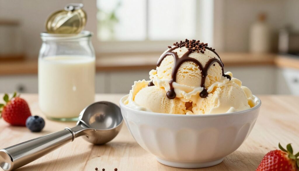 A delightful scene showcasing a bowl of creamy three-ingredient ice cream made from evaporated milk, fresh and inviting. In the foreground, a shiny silver ice cream scoop rests beside an elegantly rounded bowl filled with the smooth, pastel-colored ice cream, adorned with a drizzle of chocolate sauce and sprinkles on top. In the middle ground, partially visible, there are ingredients like an open can of evaporated milk and a couple of scattered fresh fruits, hinting at the simple process. The background features a cozy kitchen setting with warm, natural light pouring through a window, casting a soft glow. The angle captures the inviting nature of homemade ice cream, evoking a sense of joy and indulgence, which aligns with a step-by-step process of treating oneself to scoopable bliss.