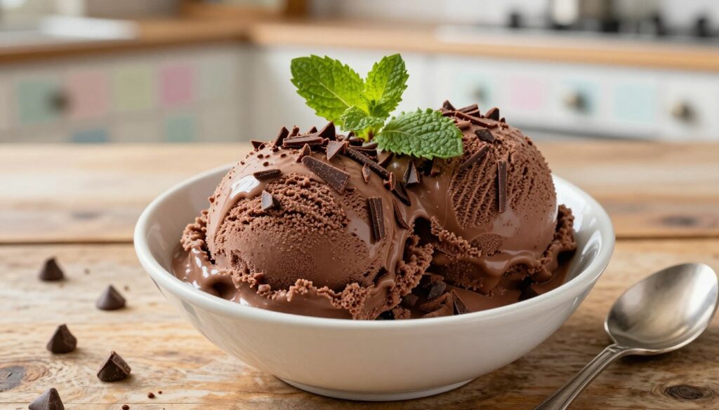 A luscious bowl of no-churn chocolate ice cream takes center stage, its rich, smooth texture glistening under soft, natural light. The ice cream is generously scooped, decorated with delicate, chocolate shavings and a sprig of fresh mint on top for a pop of color. Surrounding the bowl, you can see scattered chocolate chips and a vintage spoon resting nearby, hinting at indulgence. In the background, a rustic wooden table sets a warm and cozy atmosphere, complemented by a blurred view of a sunny kitchen with pastel-colored tiles. The angle is slightly above the bowl, capturing the inviting allure of the dessert. The overall mood is delightful and comforting, perfect for satisfying any chocolate craving at any time.