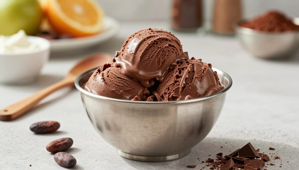 A polished stainless steel ice cream maker bowl prominently placed in the foreground, filled with rich, creamy chocolate ice cream, showcasing a silky texture and glossy sheen. Surrounding the bowl, scattered chocolate shavings and a few whole cocoa beans to enhance the chocolate theme. In the middle ground, a wooden spoon rests against the bowl, hinting at the preparation process, while behind, a softly blurred kitchen countertop with an assortment of colorful ingredients like fresh cream and cocoa powder creates a warm, inviting atmosphere. The lighting is bright and natural, coming from the left, casting gentle shadows that add depth. The composition reflects a cozy, homey vibe, perfect for aspiring home chefs ready to create their own desserts.