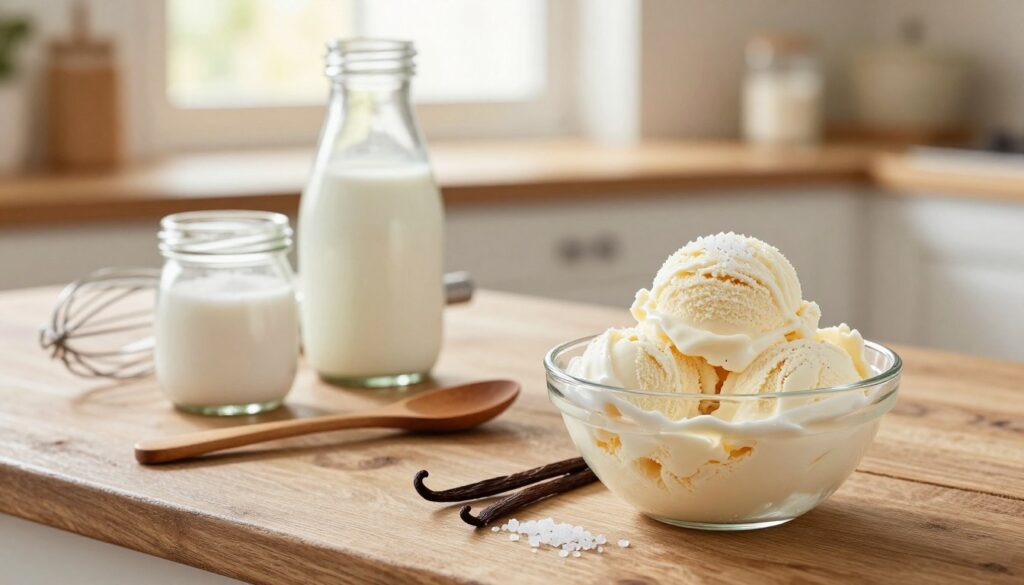 A serene kitchen countertop with a rustic wooden backdrop, showcasing the ingredients for homemade vanilla ice cream. In the foreground, a beautiful glass bowl filled with creamy vanilla ice cream, adorned with fresh vanilla pods and a sprinkle of sea salt. To the side, small glass jars containing fresh cream, whole milk, and sugar, artfully arranged with a vintage whisk leaning against them. In the middle, a wooden spoon rests beside an open vanilla bean, emphasizing the rich and natural flavors. The background is softly blurred, revealing warm sunlight filtering through a window, creating a cozy and inviting atmosphere. The overall mood is nostalgic and wholesome, evoking the essence of traditional homemade ice cream.