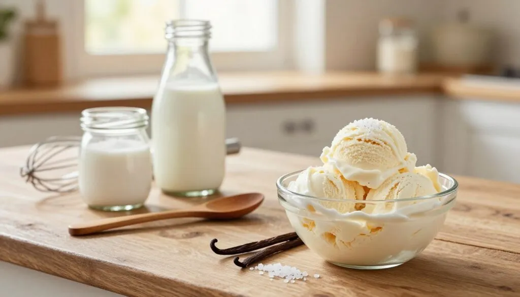 A serene kitchen countertop with a rustic wooden backdrop, showcasing the ingredients for homemade vanilla ice cream. In the foreground, a beautiful glass bowl filled with creamy vanilla ice cream, adorned with fresh vanilla pods and a sprinkle of sea salt. To the side, small glass jars containing fresh cream, whole milk, and sugar, artfully arranged with a vintage whisk leaning against them. In the middle, a wooden spoon rests beside an open vanilla bean, emphasizing the rich and natural flavors. The background is softly blurred, revealing warm sunlight filtering through a window, creating a cozy and inviting atmosphere. The overall mood is nostalgic and wholesome, evoking the essence of traditional homemade ice cream. A serene kitchen countertop with a rustic wooden backdrop, showcasing the ingredients for homemade vanilla ice cream. In the foreground, a beautiful glass bowl filled with creamy vanilla ice cream, adorned with fresh vanilla pods and a sprinkle of sea salt. To the side, small glass jars containing fresh cream, whole milk, and sugar, artfully arranged with a vintage whisk leaning against them. In the middle, a wooden spoon rests beside an open vanilla bean, emphasizing the rich and natural flavors. The background is softly blurred, revealing warm sunlight filtering through a window, creating a cozy and inviting atmosphere. The overall mood is nostalgic and wholesome, evoking the essence of traditional homemade ice cream.