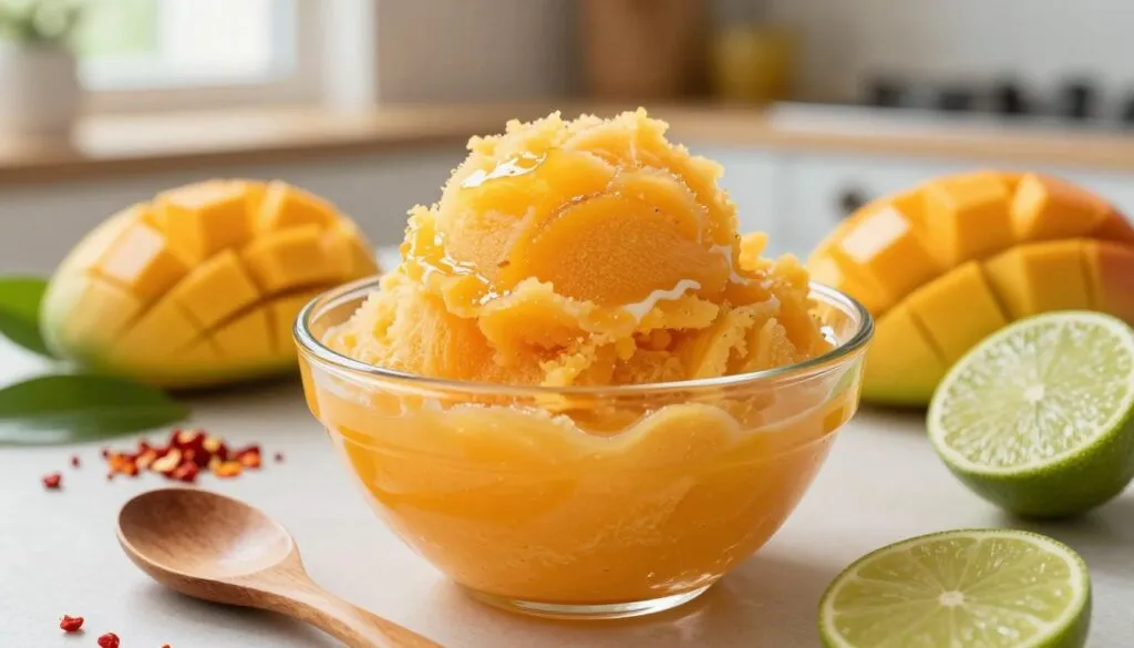 A vibrant and inviting scene centered around a freshly blended mango chili lime sorbet, showcasing its creamy, bright orange texture in a clear glass bowl. In the foreground, a wooden spoon gently rests beside the bowl, hinting at the freshness of the treat. The middle ground features assorted fresh ingredients, including ripe mangoes, a sprinkle of chili flakes, and zesty lime halves, arranged artfully around the bowl to highlight the flavors. The background is softly blurred but hints at a cozy kitchen with warm, natural lighting coming through a nearby window, creating an inviting atmosphere. The angle of the shot is slightly elevated, focusing on the delicious sorbet while inviting viewers to imagine the refreshing taste. The overall mood is cheerful and relaxed, perfect for a summer treat.
