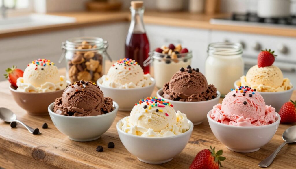 A vibrant display of various ice cream flavors artfully arranged in elegant bowls atop a rustic wooden table. In the foreground, showcase creamy textures of vanilla, chocolate, and strawberry ice cream adorned with colorful toppings like sprinkles, chocolate chips, and fresh fruits. In the middle ground, include jars of enticing mix-ins such as crushed cookies, nuts, and syrups, inviting creativity and customization. The background features a soft-focus kitchen scene with warm, natural lighting that creates a cozy atmosphere, enhancing the inviting feel of a home-made ice cream experience. Capture the image with a slight top-down angle to fully showcase the delightful arrangement, ensuring the colors are rich and appealing to evoke a sense of indulgence.