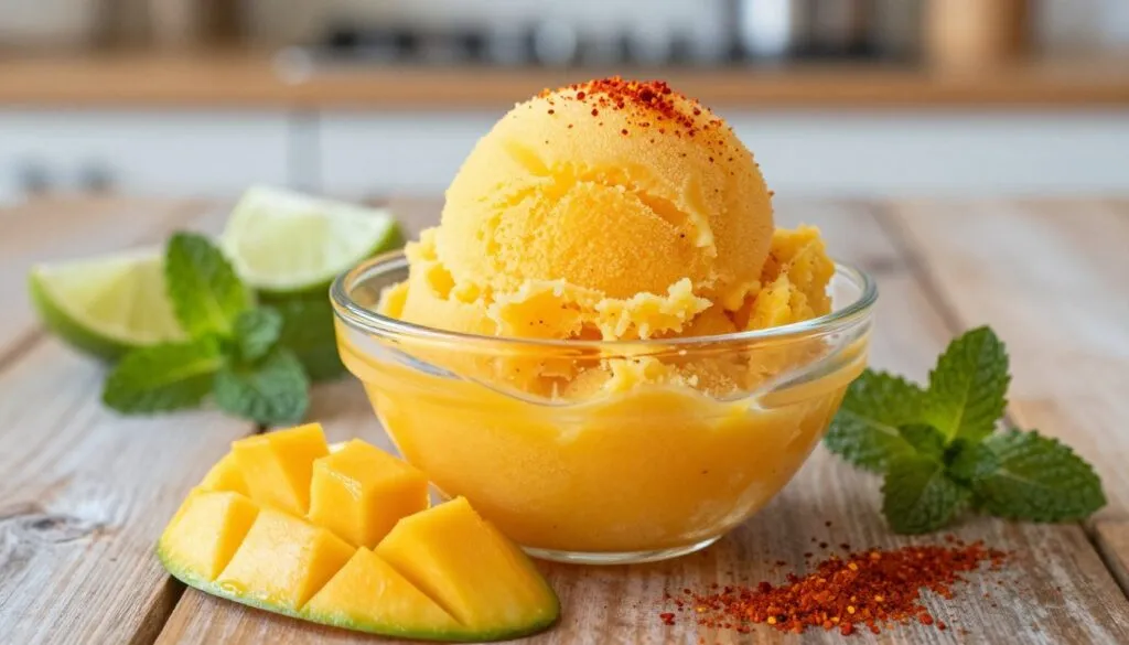 A vibrant mango chili lime sorbet served in a chilled, clear glass bowl, showcasing its bright yellow-orange hue with flecks of red chili flakes. In the foreground, fresh mango slices and a sprinkle of chili powder surround the bowl, emphasizing the sorbet's unique flavor. The middle ground features a rustic wooden table, lightly adorned with lime wedges and colorful, fresh mint leaves, adding a touch of freshness. The background boasts a subtle, blurred kitchen environment with soft, natural light illuminating the scene, creating a warm and inviting atmosphere. The angle captures the sorbet from a slightly top-down view, enhancing the textures and colors, inviting the viewer to indulge in this refreshing treat.