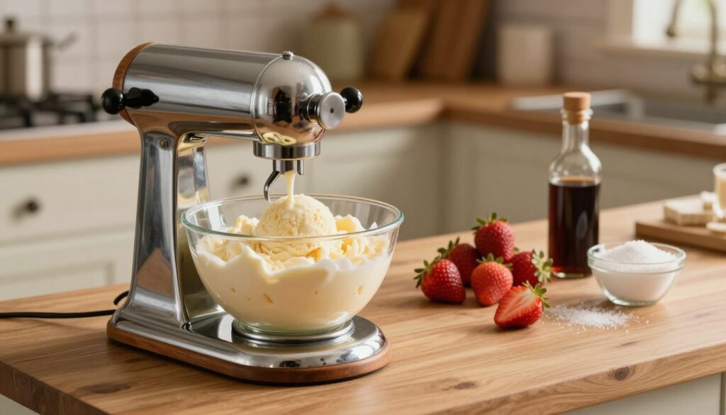 A vintage ice cream maker sits prominently in the foreground, glistening with chrome and wood details, showcasing a rustic charm. The glass bowl is partially filled with a smooth, creamy vanilla mixture, ready to churn into ice cream. In the middle ground, ingredients such as fresh strawberries, a handful of sugar, and a bottle of vanilla extract are artfully arranged on a wooden kitchen counter, highlighting the homemade aspect of the recipe. The background features a cozy kitchen with warm, soft lighting casting gentle shadows, evoking a nostalgic atmosphere. A shallow depth of field focuses on the ice cream maker, while the inviting kitchen ambiance adds to the overall warmth and delight of the scene.