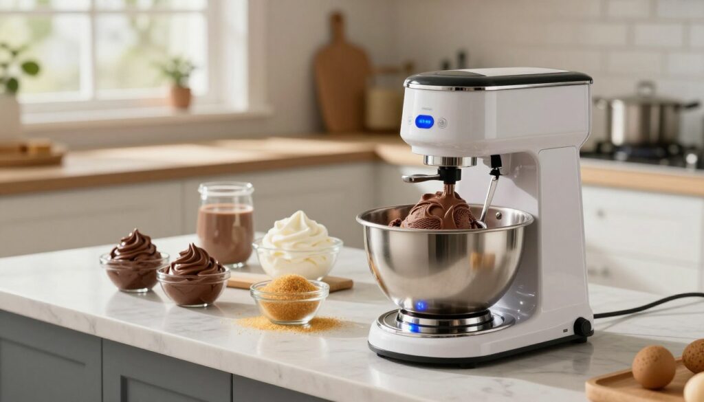 A well-designed ice cream maker sits elegantly on a modern kitchen countertop. The foreground displays the ice cream maker with a shiny metal bowl, intricately designed controls, and an inviting blue display light. In the middle, an array of ingredients for Nutella ice cream—rich chocolate spread, fresh cream, and golden sugar—are artfully arranged. Meanwhile, the background features a bright kitchen with soft, natural light streaming in through a window, casting gentle shadows that add warmth to the scene. The atmosphere conveys a sense of fun and enthusiasm for ice cream making, evoking a homey yet sophisticated vibe, perfect for readers looking to create delicious homemade ice cream.