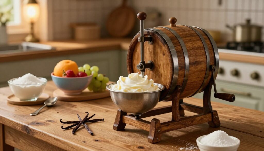 An old-fashioned ice cream maker prominently displayed in the foreground, showcasing its traditional wooden barrel and metal crank handle. The machine is set on a rustic wooden table, surrounded by fresh ingredients like cream, sugar, and vanilla pods, which are artistically arranged to hint at the homemade process. In the middle background, a cozy kitchen scene features vintage utensils and colorful bowls filled with fresh fruits ready for mixing. The lighting is warm and inviting, emanating a soft glow from an overhead lamp, casting gentle shadows that enhance the nostalgic ambiance. The camera angle is slightly elevated, allowing for a clear view of the ice cream maker and the surrounding elements, evoking a sense of warmth and comfort associated with making ice cream at home.
