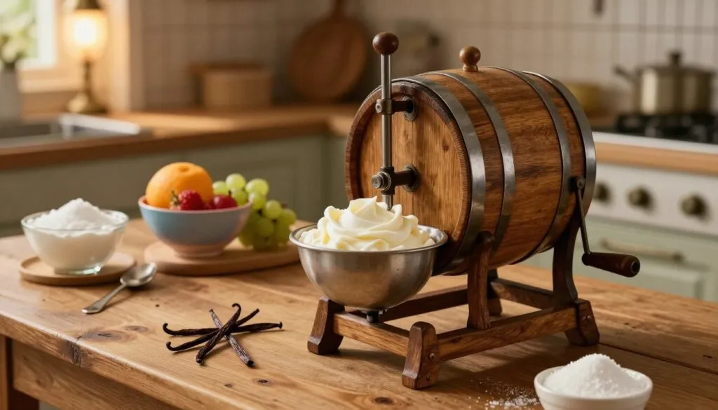 An old-fashioned ice cream maker prominently displayed in the foreground, showcasing its traditional wooden barrel and metal crank handle. The machine is set on a rustic wooden table, surrounded by fresh ingredients like cream, sugar, and vanilla pods, which are artistically arranged to hint at the homemade process. In the middle background, a cozy kitchen scene features vintage utensils and colorful bowls filled with fresh fruits ready for mixing. The lighting is warm and inviting, emanating a soft glow from an overhead lamp, casting gentle shadows that enhance the nostalgic ambiance. The camera angle is slightly elevated, allowing for a clear view of the ice cream maker and the surrounding elements, evoking a sense of warmth and comfort associated with making ice cream at home. An old-fashioned ice cream maker prominently displayed in the foreground, showcasing its traditional wooden barrel and metal crank handle. The machine is set on a rustic wooden table, surrounded by fresh ingredients like cream, sugar, and vanilla pods, which are artistically arranged to hint at the homemade process. In the middle background, a cozy kitchen scene features vintage utensils and colorful bowls filled with fresh fruits ready for mixing. The lighting is warm and inviting, emanating a soft glow from an overhead lamp, casting gentle shadows that enhance the nostalgic ambiance. The camera angle is slightly elevated, allowing for a clear view of the ice cream maker and the surrounding elements, evoking a sense of warmth and comfort associated with making ice cream at home.