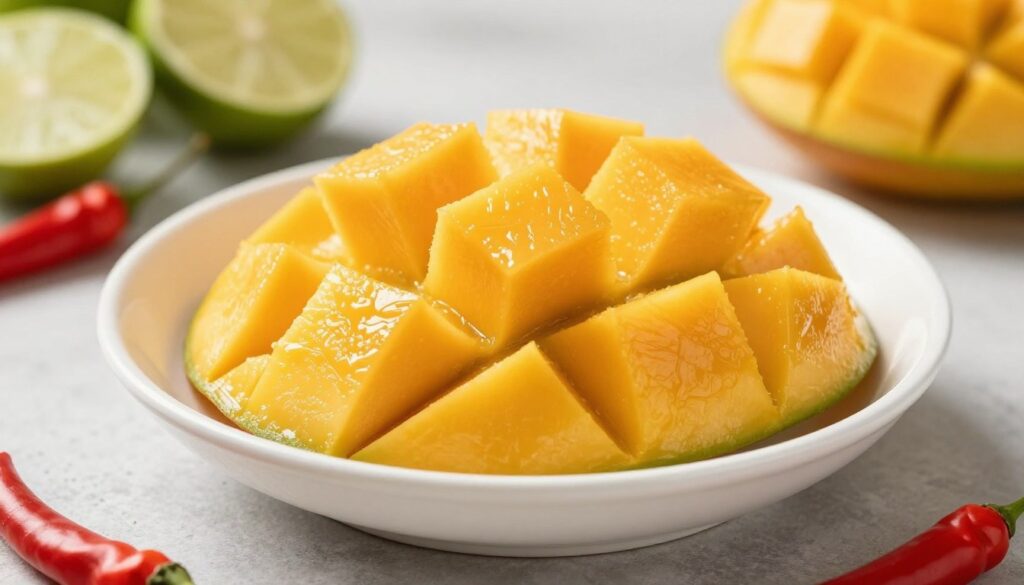 Vibrant, fresh mango chunks arranged artfully in a shallow, elegant white bowl, glistening with a light sheen to emphasize their juiciness. Each chunk is perfectly cut, showcasing their rich golden-yellow color and smooth texture. In the background, a subtle blur of green lime halves and red chili peppers adds a pop of color, hinting at the flavors of the sorbet. Natural sunlight pours in from a nearby window, casting soft shadows that create a warm, inviting atmosphere. The scene is shot from a slightly elevated angle, focusing on the details of the mango chunks while allowing the colorful ingredients in the background to softly complement the composition. The overall mood is fresh, invigorating, and perfect for a summer treat.