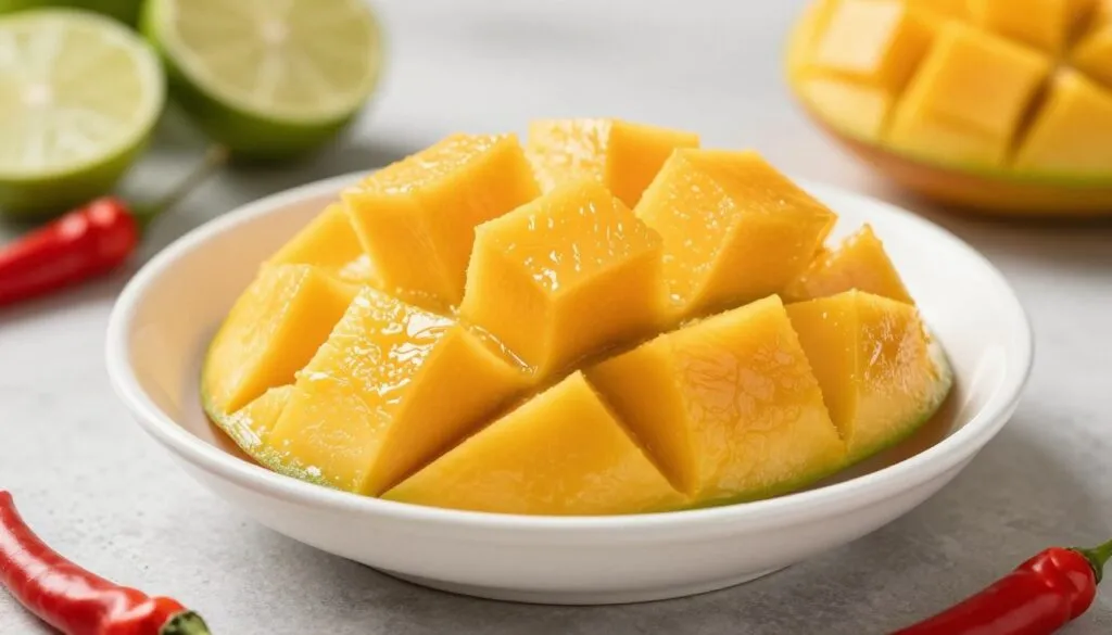 Vibrant, fresh mango chunks arranged artfully in a shallow, elegant white bowl, glistening with a light sheen to emphasize their juiciness. Each chunk is perfectly cut, showcasing their rich golden-yellow color and smooth texture. In the background, a subtle blur of green lime halves and red chili peppers adds a pop of color, hinting at the flavors of the sorbet. Natural sunlight pours in from a nearby window, casting soft shadows that create a warm, inviting atmosphere. The scene is shot from a slightly elevated angle, focusing on the details of the mango chunks while allowing the colorful ingredients in the background to softly complement the composition. The overall mood is fresh, invigorating, and perfect for a summer treat.