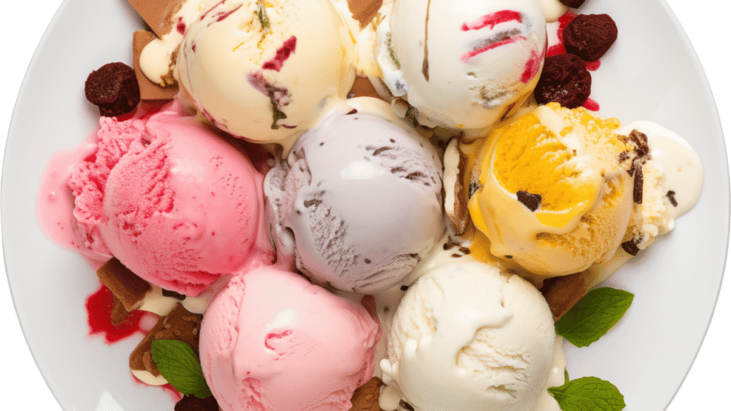 Vibrant scoops of ice cream from around the world, arranged artfully on a marble countertop. In the foreground, a diverse array of scoops in bold, eye-catching flavors - from tropical mango and coconut to rich dark chocolate and fragrant rose. In the middle ground, a spattering of colorful toppings and garnishes, like toasted coconut flakes, candied nuts, and edible flowers. The background features a blurred cityscape, hinting at the global inspirations that have reshaped the classic American ice cream parlor. Soft, warm lighting casts a cozy, inviting glow, capturing the spirit of exploration and innovation in the world of ice cream. Vibrant scoops of ice cream from around the world, arranged artfully on a marble countertop. In the foreground, a diverse array of scoops in bold, eye-catching flavors - from tropical mango and coconut to rich dark chocolate and fragrant rose. In the middle ground, a spattering of colorful toppings and garnishes, like toasted coconut flakes, candied nuts, and edible flowers. The background features a blurred cityscape, hinting at the global inspirations that have reshaped the classic American ice cream parlor. Soft, warm lighting casts a cozy, inviting glow, capturing the spirit of exploration and innovation in the world of ice cream.