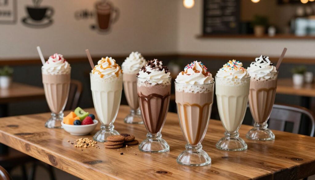 A beautifully arranged coffee milkshake on a rustic wooden table, showcasing a variety of flavor variations. In the foreground, several tall glasses of creamy coffee milkshake display rich chocolate, vanilla, and caramel swirls, garnished with whipped cream, chocolate shavings, and sprinkles. In the middle ground, colorful toppings like crushed cookies and fresh fruit add a delightful touch. The background features a cozy cafe setting with soft ambient lighting, decorative coffee art on the walls, and warm wooden accents. The scene is captured from a slightly elevated angle using a soft focus to create a dreamy, inviting atmosphere, emphasizing the richness and indulgence of each unique milkshake flavor without any text or distractions.