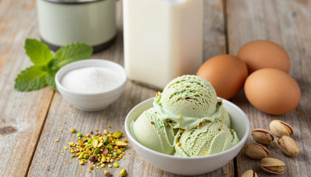 A beautifully arranged flat lay of ingredients for homemade pistachio ice cream. In the foreground, a bowl of raw, shelled pistachios with their rich green hue, surrounded by a small pile of coarsely chopped pistachios for texture. In the middle, a carton of fresh cream, a bowl of sugar, and a couple of eggs, all presented on a rustic wooden surface. In the background, soft-focus elements like a vintage ice cream maker and a sprig of mint leaves add freshness to the scene. Natural, warm lighting floods the composition, casting gentle shadows and highlighting the creamy textures. The overall mood is inviting and appetizing, evoking a sense of homemade warmth and culinary creativity.