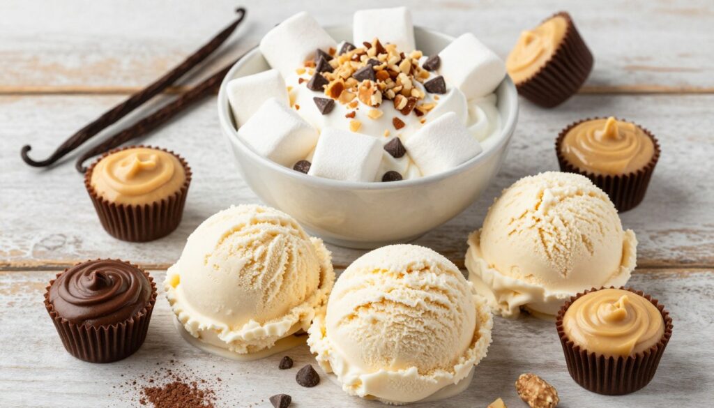 A beautifully arranged flat lay of ingredients for making no-churn Moose Tracks ice cream. In the foreground, include scoops of smooth vanilla ice cream, swirls of rich chocolate fudge, and creamy peanut butter cups scattered around. In the middle layer, showcase a bowl filled with sweet marshmallow fluff, crushed nuts, and mini chocolate chips, all fresh and inviting. The background should feature rustic wooden surfaces and soft, diffused natural lighting to create a warm and cozy atmosphere. Add a few vanilla pods and a sprinkle of cocoa powder as subtle accents. The overall mood should be indulgent and appetizing, enticing viewers to crave this classic dessert.