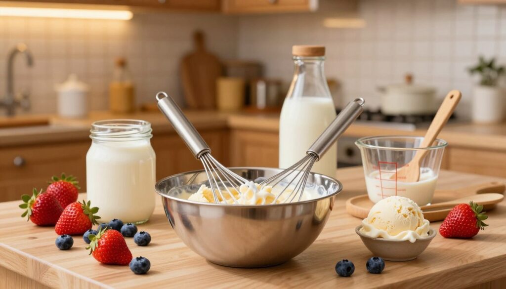 A beautifully arranged kitchen countertop with an array of colorful ingredients for making ice cream. In the foreground, a shiny metal mixing bowl filled with a creamy mixture, with a silvery whisk resting inside. Surrounding the bowl, there are fresh strawberries, vibrant blueberries, and a scoop of vanilla bean ice cream. In the middle ground, jars of heavy cream and sweetened condensed milk, along with a measuring cup and a small spatula. The background features a softly blurred view of a cozy kitchen, with warm wooden cabinets and gentle overhead lighting casting a golden hue. The atmosphere is inviting and cheerful, suggesting a fun, easy ice cream-making process perfect for home cooks. A beautifully arranged kitchen countertop with an array of colorful ingredients for making ice cream. In the foreground, a shiny metal mixing bowl filled with a creamy mixture, with a silvery whisk resting inside. Surrounding the bowl, there are fresh strawberries, vibrant blueberries, and a scoop of vanilla bean ice cream. In the middle ground, jars of heavy cream and sweetened condensed milk, along with a measuring cup and a small spatula. The background features a softly blurred view of a cozy kitchen, with warm wooden cabinets and gentle overhead lighting casting a golden hue. The atmosphere is inviting and cheerful, suggesting a fun, easy ice cream-making process perfect for home cooks.
