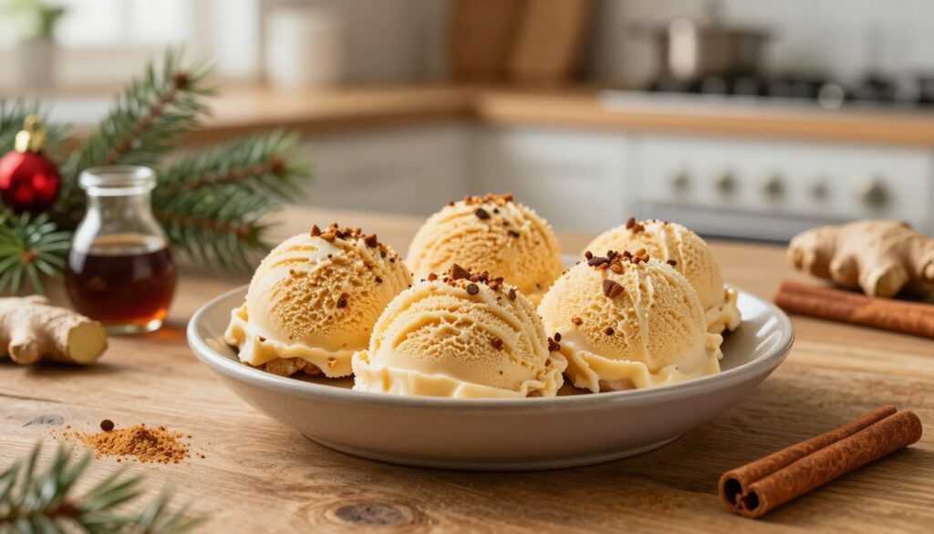 A beautifully arranged scene showcasing homemade gingerbread ice cream positioned in a flat, shallow dish, reflecting rich warm tones of gingerbread with flecks of cinnamon and nutmeg. Surround the dish with ingredients like ground ginger, cinnamon sticks, and molasses in a cozy kitchen environment. In the background, a softly lit setting highlights a rustic wooden table with Christmas-themed decorations, like pine branches and ornaments. Use natural, warm lighting to create a welcoming atmosphere, reminiscent of holiday gatherings. The image should be taken from a slightly elevated angle to emphasize the texture of the ice cream and the decorative elements, evoking a feeling of warmth and festive cheer.