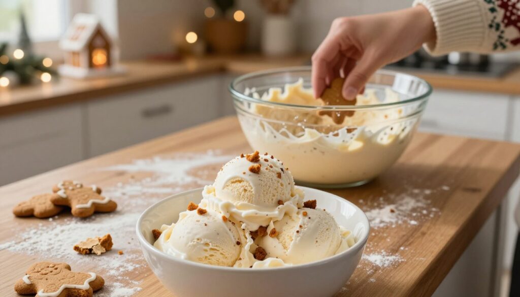 A beautifully churned bowl of gingerbread ice cream sits at the foreground, showcasing a creamy, rich texture speckled with bits of gingerbread cookie and warm spices. The middle ground features a wooden kitchen countertop strewn with flour, gingerbread cookie crumbs, and a few whole gingerbread cookies slightly crumbled. A glass mixing bowl shows swirls of the ice cream mixture, and a hand (wearing a cozy holiday sweater) gently folds in the cookie pieces. In the background, a softly lit kitchen scene is visible with faint holiday decorations like string lights and a few gingerbread houses, creating a warm and inviting atmosphere. The lighting is soft and warm, suggesting a cozy holiday spirit, capturing the essence of festive baking and culinary joy. The angle is slightly overhead, highlighting the rich details of the ice cream and the baking scene.