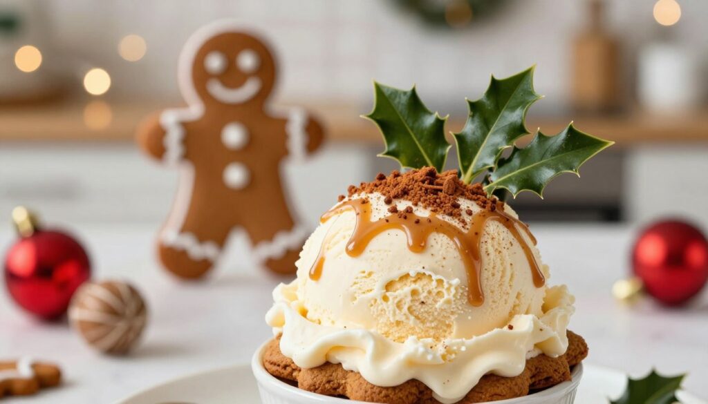A beautifully crafted dish of gingerbread ice cream sits enticingly in the foreground, topped with a sprinkle of cinnamon, a drizzle of caramel sauce, and a few festive holly leaves. The creamy ice cream has a rich, warm brown hue, reminiscent of freshly baked gingerbread cookies. In the middle ground, soft, blurry outlines of gingerbread men and festive holiday ornaments create a cozy holiday atmosphere. The background features a lightly blurred kitchen scene, adorned with twinkling fairy lights to evoke a warm and inviting feeling. The soft, natural lighting highlights the texture of the ice cream, making it appear sumptuous and delectable. Capture this joyful holiday spirit with a slightly shallow depth of field, focusing on the gingerbread ice cream while softly blurring the background.