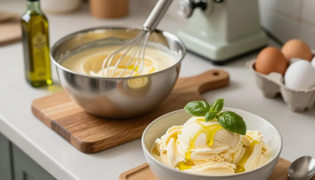A beautifully styled kitchen countertop showcasing the process of making olive oil ice cream. In the foreground, a bowl filled with velvety olive oil ice cream, swirled elegantly, garnished with fresh basil leaves and a drizzle of olive oil. In the middle, a stainless steel mixing bowl with a creamy custard mixture, a whisk resting beside it on a wooden cutting board, and a small bottle of high-quality olive oil partially in view. In the background, soft-focus kitchen elements, including a vintage ice cream churn and ingredients like fresh eggs and sugar artfully arranged. Warm, natural lighting enhances the inviting atmosphere, capturing the creamy textures and rich colors of the ice cream. The angle is slightly overhead, allowing a view of the culinary scene.