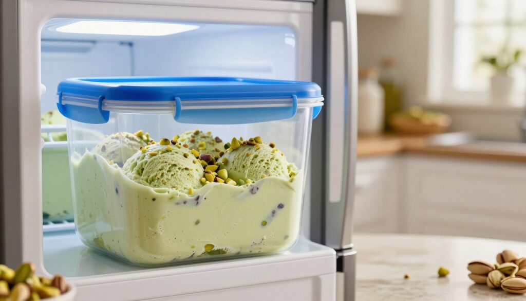 A clear and detailed image of a freezer-safe container designed for storing homemade ice cream. The container is white with a blue lid, featuring a transparent body that shows bright, creamy pistachio ice cream inside, adorned with crushed pistachios on top. In the foreground, focus on the container resting on a kitchen countertop. In the middle ground, include a slightly opened refrigerator featuring bright LED lights illuminating the ice cream container. The background showcases a cozy kitchen with soft, natural lighting coming from a nearby window, creating a warm and inviting atmosphere. Emphasize daily use in a home kitchen setting, evoking a sense of comfort and deliciousness.