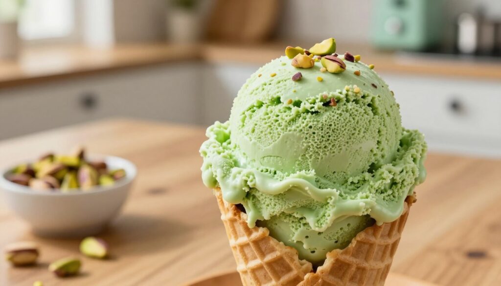 A close-up image of a scoop of pistachio ice cream, creamy and vibrant green, nestled in a delicate waffle cone. The foreground showcases the textured surface of the ice cream, with small pieces of crushed pistachios sprinkled on top for added detail. In the middle, a rustic wooden table is visible, enhancing the homemade feel, while a small bowl of chopped pistachios sits nearby, hinting at the ingredients used. The background softly fades into a kitchen setting with hints of pastel-colored kitchen appliances, gently illuminated by warm, natural light streaming in from a window, creating a cozy, inviting atmosphere. The scene captures the essence of homemade indulgence, exuding warmth and deliciousness.
