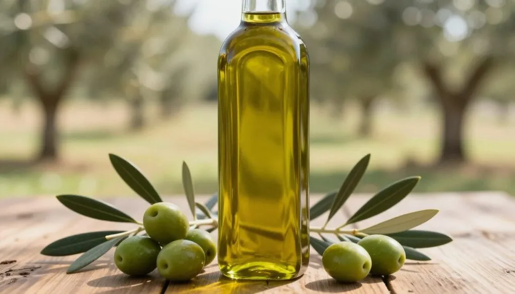 A close-up of a bottle of high-quality extra virgin olive oil, set on a rustic wooden table. The olive oil glistens in the soft, warm sunlight, revealing its rich golden-green hue. Surrounding the bottle, a handful of fresh, vibrant green olives and a few sprigs of lush, healthy olive leaves provide a natural contrast. In the background, softly blurred, there are faint hints of an outdoor olive grove, with gentle light filtering through the leaves, creating a serene and inviting atmosphere. The focus is sharp on the oil bottle, with a slight bokeh effect on the backdrop, enhancing the sense of freshness and quality. The overall mood is warm and inviting, evoking a sense of artisanal craftsmanship.