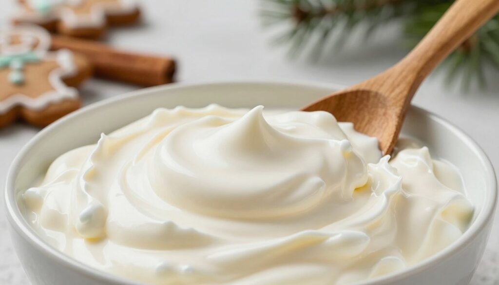 A close-up of a glistening bowl of heavy cream, with its rich, thick texture highlighted by soft, diffused natural light. The scene is cozy and inviting, perfect for a holiday kitchen setting. In the foreground, the creamy substance is artfully swirled, showing its luscious consistency. In the middle ground, a wooden spoon rests gently against the bowl, hinting at its culinary use. In the background, blurred holiday decorations such as gingerbread cookies, cinnamon sticks, and festive greenery create a warm atmosphere. The overall mood is festive and comforting, emphasizing the cream's role as a key ingredient in holiday treats. The image should capture the essence of indulgence and seasonal cheer, with a focus on the creamy texture and inviting colors.