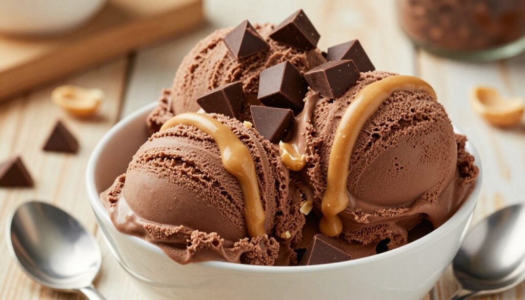 A close-up view of a sumptuous bowl of chocolate Moose Tracks ice cream, featuring rich chocolate ice cream swirled with ribbons of creamy peanut butter and generous chunks of fudge-covered chocolate pieces. In the foreground, the bowl is presented with a glossy spoon resting beside it, reflecting bright overhead lighting, which enhances the texture of the ice cream. In the middle ground, scattered chocolate pieces and a few crushed peanuts create a playful, inviting scene. The background is softly blurred, with hints of a rustic wooden table and a warm, cozy kitchen atmosphere, bathed in soft natural light, evoking a sense of indulgence and comfort. The overall mood is warm and inviting, perfect for a delightful dessert moment.