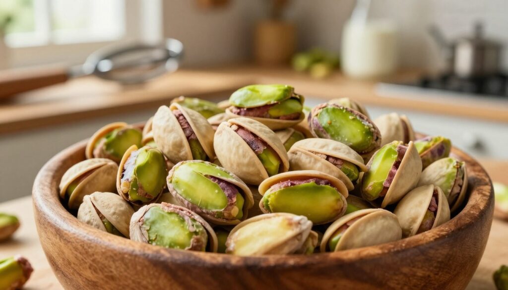 A close-up view of a wooden bowl filled with fresh, shelled pistachios, showcasing the vibrant green nuts and their creamy textures. The pistachios should be arranged artistically, some open and some closed, revealing their rich color and unique shapes. In the background, slightly out of focus, a rustic kitchen counter can be seen with kitchen tools such as an ice cream maker and fresh ingredients like milk and sugar, hinting at the ice cream-making process. Warm, natural lighting filters through a nearby window, casting soft shadows and enhancing the inviting atmosphere. The overall mood is warm and homey, evoking a sense of comfort and delicious homemade treats, ideal for a recipe setting.