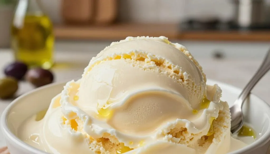 A close-up view of smooth, creamy olive oil ice cream, showcasing its velvety texture. The foreground features a spoon partially submerged in a bowl of the ice cream, with glistening swirls reflecting soft, natural light. The middle ground includes a blurred kitchen countertop adorned with fresh olives and a small bottle of premium olive oil, hinting at the ingredients used. The background displays a rustic kitchen environment with wooden shelves and subtle warm lighting, creating a cozy atmosphere. The image captures the essence of homemade delight, focusing on the luscious, scoopable texture, emphasizing a sense of indulgence and craftsmanship.