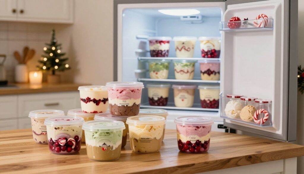 A cozy kitchen scene focused on freezer planning for holiday desserts. In the foreground, an organized wooden countertop holds neatly labeled containers filled with vibrant homemade Christmas ice cream flavors—like peppermint, eggnog, and cranberry. A family-friendly atmosphere showcases an open freezer in the background, with ice cream tins stacked harmoniously, glistening under soft, warm light. The middle ground features a well-prepared kitchen with festive decorations, including a subtle Christmas tree and twinkling lights adding to the holiday spirit. The angle captures the inviting warmth of the space while highlighting the careful preparation needed for stress-free entertaining. The mood is cheerful and organized, conveying a sense of tradition and abundance.