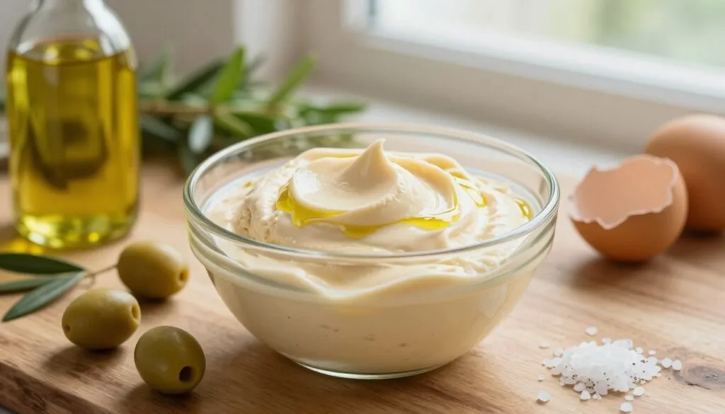 A creamy, smooth ice cream base in a glass bowl sits on a rustic wooden countertop. The base, a velvety light beige color, has swirls of olive oil glistening on its surface, hinting at its unique flavor. Surrounding the bowl are fresh ingredients: a handful of golden olives, a small bottle of extra virgin olive oil, and a cracked egg beside a sprinkle of sea salt. Soft, natural light filters in from a nearby window, casting warm reflections on the bowl and highlighting the cream's texture. In the background, blurred green herbs suggest freshness and culinary creativity, creating an inviting kitchen atmosphere perfect for making homemade ice cream. A shallow depth of field keeps the focus on the ice cream base, while a soft bokeh effect in the background enhances the serene mood.