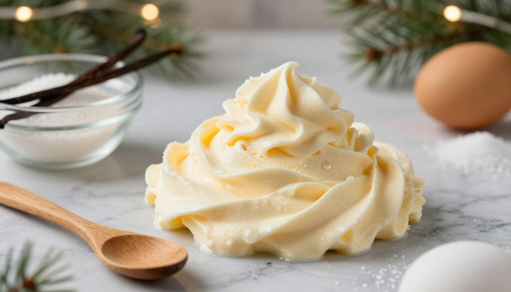 A creamy vanilla ice cream base spread out on a marble countertop, featuring lush swirls of smooth, pale yellow-white ice cream. In the foreground, a wooden spoon rests next to a transparent glass bowl filled with fresh vanilla beans, scattered sugar, and a fresh egg. In the middle, focus on the ice cream base, accented by droplets of condensation to convey a fresh texture. The background includes softly blurred holiday-themed decorations, like sparkling lights and green pine branches, creating a warm, cozy atmosphere. Use warm, inviting lighting to enhance the creamy texture and evoke a sense of deliciousness, with a shallow depth of field to draw attention to the ice cream base.