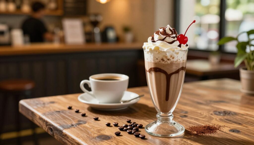 A delicious coffee milkshake in a tall glass, topped with whipped cream and chocolate drizzle, sits on a rustic wooden table. In the foreground, the milkshake is garnished with a sprinkle of cocoa powder and a maraschino cherry, emphasizing its indulgent nature. The middle layer features a vintage coffee cup beside the shake, with coffee beans scattered artfully around, enhancing the coffeehouse ambiance. In the background, soft-focus café elements such as a warm, inviting barista counter and lush greenery create a cozy atmosphere. The lighting is warm and inviting, reminiscent of golden hour sunlight streaming through a window, creating a sense of comfort and indulgence. The angle is slightly overhead, capturing the richness and texture of the milkshake while inviting viewers to savor the moment.