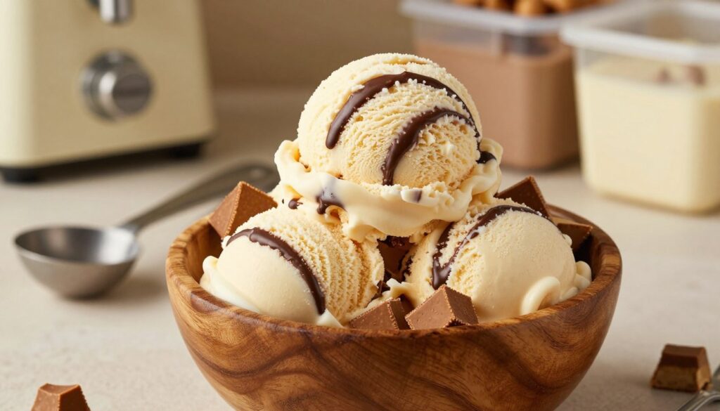 A delicious scoop of Moose Tracks ice cream sits in a rustic wooden bowl, showcasing its creamy texture dotted with rich chocolate fudge swirls and chunks of peanut butter cups. In the foreground, the ice cream glistens under soft golden lighting, enhancing its inviting look. The middle ground features a scooping utensil elegantly positioned beside the bowl, hinting at the act of serving. The background comprises a softly blurred kitchen setting, with a vintage ice cream maker and containers for storage, casting a warm, homey atmosphere. The overall mood is cozy and indulgent, inviting the viewer to savor the moment and enjoy this iconic flavor. The angle is slightly overhead, capturing both the ice cream and its charming surroundings in a detailed yet appetizing composition.