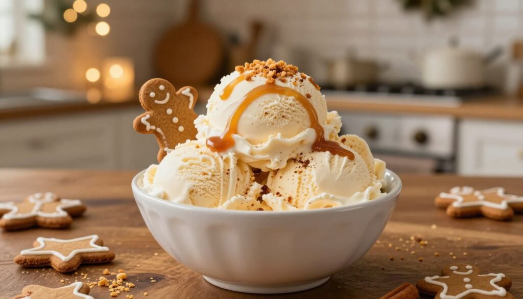 A rich, creamy bowl of gingerbread ice cream takes center stage, showcasing a smooth, velvety texture with specks of ginger, cinnamon, and nutmeg visible. The ice cream is garnished with delicate swirls of caramel and a sprinkle of crushed gingerbread cookies for added texture. In the background, a beautifully decorated holiday kitchen scene can be seen, with soft, warm lighting illuminating the rich wooden countertops and twinkling fairy lights. The angle captures both the inviting dessert and the cozy atmosphere, evoking feelings of joy and warmth. The composition balances the foreground focus on the gingerbread ice cream with a softly blurred backdrop, enhancing the festive spirit of the holiday season.