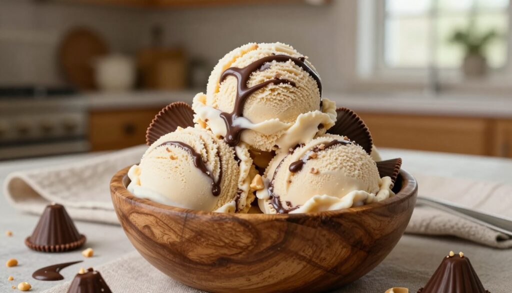 A scoop of rich, creamy moose tracks ice cream sits in a rustic wooden bowl, showcasing its swirls of chocolate fudge and peanut butter cups. The foreground highlights the detailed textures of the ice cream, with shiny fudge glistening under soft, diffused lighting that creates an inviting mood. Surrounding the bowl, scattered ingredients like crushed peanut butter cups and a drizzle of chocolate sauce add depth. In the middle, there's a textured fabric napkin, evoking a cozy, homey environment. The background features blurred hints of an inviting kitchen setting, with warm wooden cabinets and soft, natural daylight filtering through a window, enhancing the homemade feel. The overall atmosphere is warm and welcoming, perfect for an article about making ice cream at home.