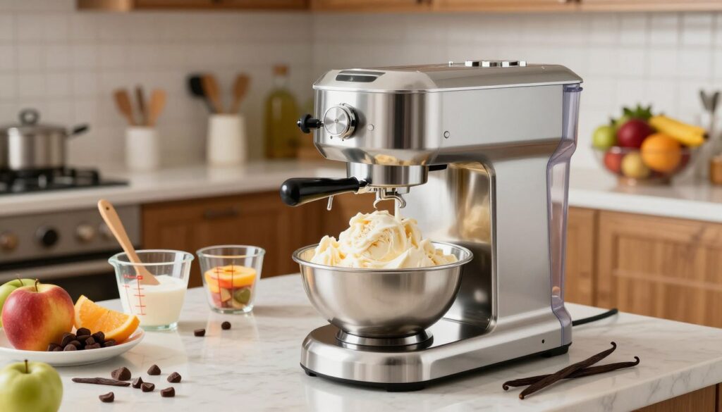 A sleek ice cream maker sits prominently in a well-lit modern kitchen. In the foreground, the shiny, stainless steel machine glistens under soft overhead lighting, showcasing its elegant design with a clear bowl revealing creamy, freshly churned ice cream. Surrounding the machine, colorful ingredients like fresh fruit, chocolate chips, and vanilla pods create an inviting atmosphere. In the middle ground, a countertop cluttered with measuring cups and spatulas reflects a homey yet organized vibe. The background features a tidy kitchen with wooden cabinets and a bowl of vibrant mixed fruits, enhancing the cheerful mood. Capture the scene from a slightly elevated angle to emphasize the tools of ice cream making, while maintaining a warm, bustling kitchen ambiance. A sleek ice cream maker sits prominently in a well-lit modern kitchen. In the foreground, the shiny, stainless steel machine glistens under soft overhead lighting, showcasing its elegant design with a clear bowl revealing creamy, freshly churned ice cream. Surrounding the machine, colorful ingredients like fresh fruit, chocolate chips, and vanilla pods create an inviting atmosphere. In the middle ground, a countertop cluttered with measuring cups and spatulas reflects a homey yet organized vibe. The background features a tidy kitchen with wooden cabinets and a bowl of vibrant mixed fruits, enhancing the cheerful mood. Capture the scene from a slightly elevated angle to emphasize the tools of ice cream making, while maintaining a warm, bustling kitchen ambiance.