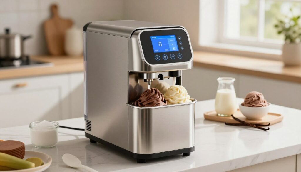 A sleek, modern ice cream maker sits prominently in the foreground, showcasing its shiny stainless steel body and intuitive digital display. The machine is adorned with colorful scoops of freshly made ice cream, a swirl of chocolate and vanilla creating a tempting contrast. In the middle ground, a well-lit kitchen countertop is cluttered with fresh ingredients like cream, sugar, and vanilla beans, hinting at the ice cream-making process. In the background, soft natural light streams through a window, casting a warm, inviting glow over the scene. The mood is cheerful and cozy, evoking a sense of homemade joy. The camera angle is slightly above eye level, focusing on the ice cream maker while softly blurring the kitchen elements, creating a visually appealing composition that emphasizes the ice cream maker's capabilities. A sleek, modern ice cream maker sits prominently in the foreground, showcasing its shiny stainless steel body and intuitive digital display. The machine is adorned with colorful scoops of freshly made ice cream, a swirl of chocolate and vanilla creating a tempting contrast. In the middle ground, a well-lit kitchen countertop is cluttered with fresh ingredients like cream, sugar, and vanilla beans, hinting at the ice cream-making process. In the background, soft natural light streams through a window, casting a warm, inviting glow over the scene. The mood is cheerful and cozy, evoking a sense of homemade joy. The camera angle is slightly above eye level, focusing on the ice cream maker while softly blurring the kitchen elements, creating a visually appealing composition that emphasizes the ice cream maker's capabilities.