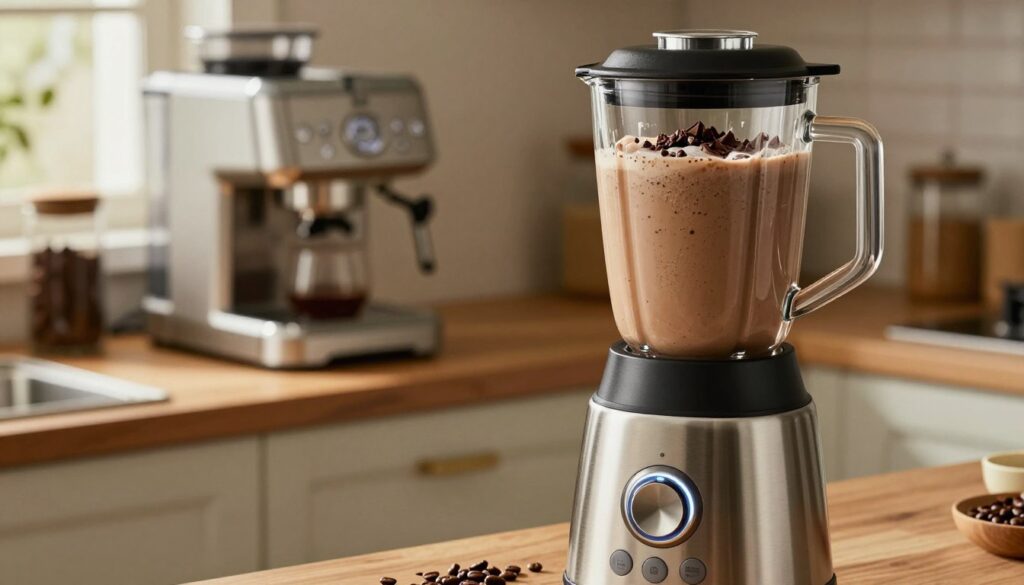 A stainless steel blender in the foreground, features prominently with its sleek, modern design and illuminated buttons. The blender is filled with a thick, creamy coffee milkshake, showcasing a rich brown color speckled with chocolate shavings on top. In the middle ground, a wooden countertop holds various coffee-making equipment, including a steaming coffee machine and fresh coffee beans. The background shows soft-focused kitchen elements like a window with natural light filtering through, casting a warm glow over the scene. The atmosphere is cozy and inviting, perfect for a home kitchen setting. The lighting is warm and balanced, emphasizing the textures of the ingredients and the shiny surface of the blender, creating a mouth-watering visual appeal.
