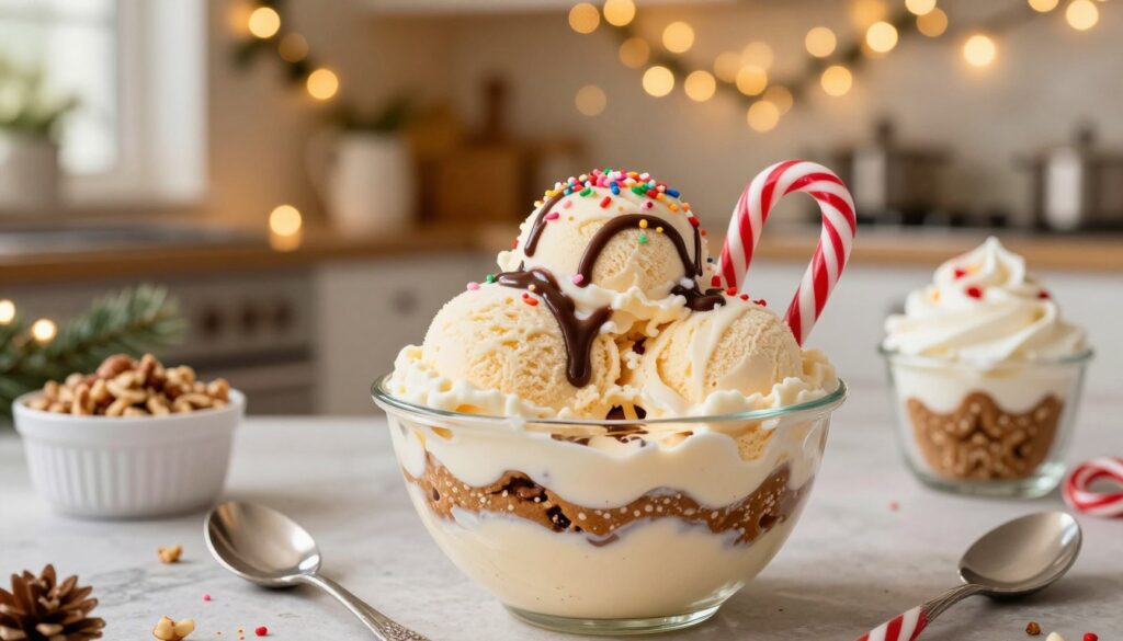 A tempting bowl of no-churn Christmas ice cream sits prominently in the foreground, featuring layers of rich, creamy flavors like peppermint, gingerbread, and eggnog. The ice cream is topped with festive decorations such as colorful sprinkles, candy canes, and a light drizzle of chocolate syrup. In the middle, there are elegant dessert spoons and small bowls with additional toppings like crushed nuts and whipped cream, invitingly arranged. The background showcases a cozy kitchen decorated with Christmas lights and garlands, softly lit by warm, golden fairy lights, creating a festive and inviting atmosphere. The overall mood is warm and cheerful, perfect for the holiday season, captured with a shallow depth of field to emphasize the delicious dessert in the foreground.