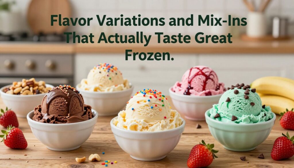 A vibrant and inviting display of various flavored ice creams in elegant bowls, emphasizing the section title “Flavor Variations and Mix-Ins That Actually Taste Great Frozen.” In the foreground, feature rich chocolate, creamy vanilla with colorful sprinkles, tangy raspberry swirl, and a bright mint green with chocolate chips. In the middle, include scattered fresh fruits like strawberries and bananas, alongside bowls of mix-ins such as crushed cookies, nuts, and chocolate syrup. The background softly blurs into a cozy kitchen scene with warm lighting, highlighting ingredients on a rustic wooden table. Use a shallow depth of field to keep the focus on the ice cream, capturing an inviting and cheerful atmosphere, evoking a sense of fun and creativity in dessert-making. A vibrant and inviting display of various flavored ice creams in elegant bowls, emphasizing the section title “Flavor Variations and Mix-Ins That Actually Taste Great Frozen.” In the foreground, feature rich chocolate, creamy vanilla with colorful sprinkles, tangy raspberry swirl, and a bright mint green with chocolate chips. In the middle, include scattered fresh fruits like strawberries and bananas, alongside bowls of mix-ins such as crushed cookies, nuts, and chocolate syrup. The background softly blurs into a cozy kitchen scene with warm lighting, highlighting ingredients on a rustic wooden table. Use a shallow depth of field to keep the focus on the ice cream, capturing an inviting and cheerful atmosphere, evoking a sense of fun and creativity in dessert-making.