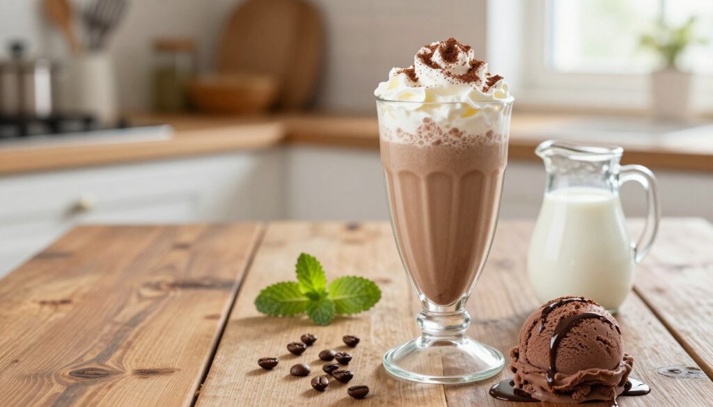 A visually appealing arrangement of coffee milkshake ingredients on a rustic wooden table. In the foreground, a tall glass filled with a creamy, frothy coffee milkshake, topped with whipped cream and a sprinkle of cocoa powder. Surrounding the glass, a scoop of rich chocolate ice cream, a drizzle of chocolate syrup, and a small pitcher of fresh milk. In the middle, scattered coffee beans and a few sprigs of mint for a fresh touch. In the background, softly blurred kitchen utensils and a warm-colored kitchen setting, with natural light filtering through a window, creating a cozy atmosphere. The image evokes a deliciously inviting mood, perfect for a recipe focus.