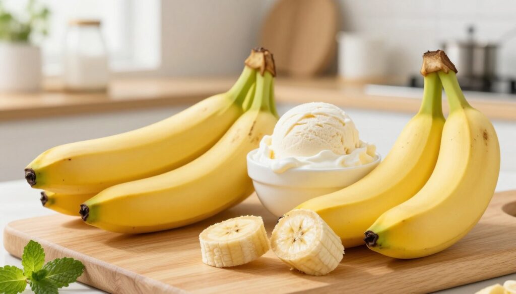 A beautifully arranged composition of ripe, yellow bananas, showcasing their vibrant color and natural sheen. In the foreground, place several whole bananas, some resting on a light wooden cutting board, with a few cut in half to reveal their creamy, soft texture. In the middle, include a small bowl of fresh cream and a scoop of vanilla ice cream, hinting at the ingredients for banana ice cream. The background should be softly blurred, featuring a bright kitchen setting with ingredients like sugar, a measuring cup, and sprigs of mint for freshness. Natural light streams in from a nearby window, creating a warm, inviting atmosphere. Aim for a depth of field that keeps the focus on the bananas and the ice cream while maintaining a cozy, homely vibe.