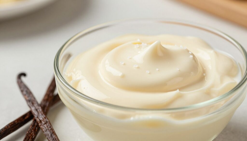 A close-up, high-quality image of a smooth, luscious vanilla cream blending in a glass bowl. The cream should have a light ivory color with a velvety, thick texture, glistening subtly under soft, natural lighting. In the foreground, delicate vanilla beans can be artfully arranged beside the bowl, emphasizing the natural ingredients. In the middle, sprinkle a few fine dustings of sea salt on top of the cream, enhancing its appeal. The background features a softly blurred kitchen countertop with muted pastel colors, creating a warm, inviting atmosphere. A shallow depth of field should be used to focus solely on the vanilla cream while the background retains a gentle bokeh effect, conveying a sense of warmth and homeliness perfect for a low-carb dessert.